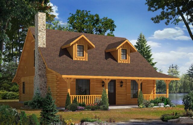The image showcases a beautifully designed, high-quality rendering of one of our log cabin homes.
