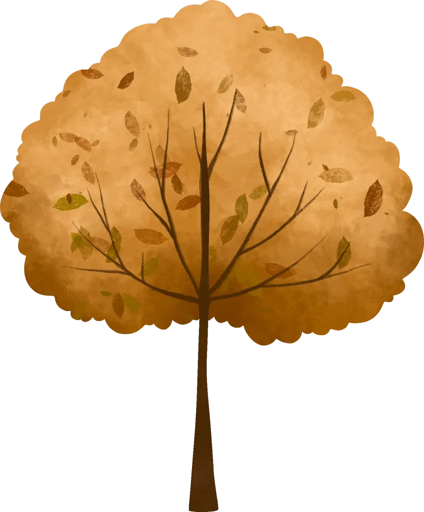Watercolor painting of a tree with orange leaves in the fall season.