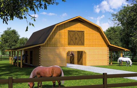 The image showcases a beautifully designed log barn surrounded by lush greenery, with horses leisurely grazing in the foreground.