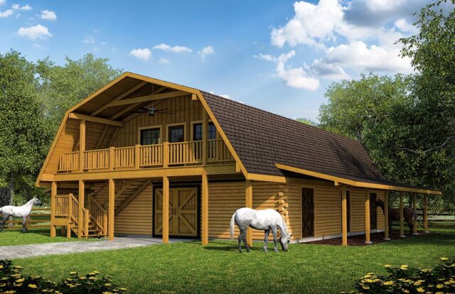 The image depicts an artistically illustrated barn accompanied by a majestic horse, showcasing the rustic charm and quality craftsmanship we infuse into every log home we manufacture.