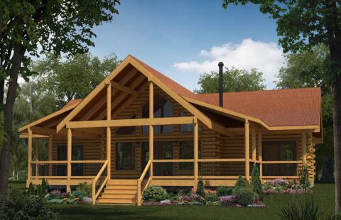 The image displays a digitally rendered design of our premium log home, complete with a cozy, inviting porch.