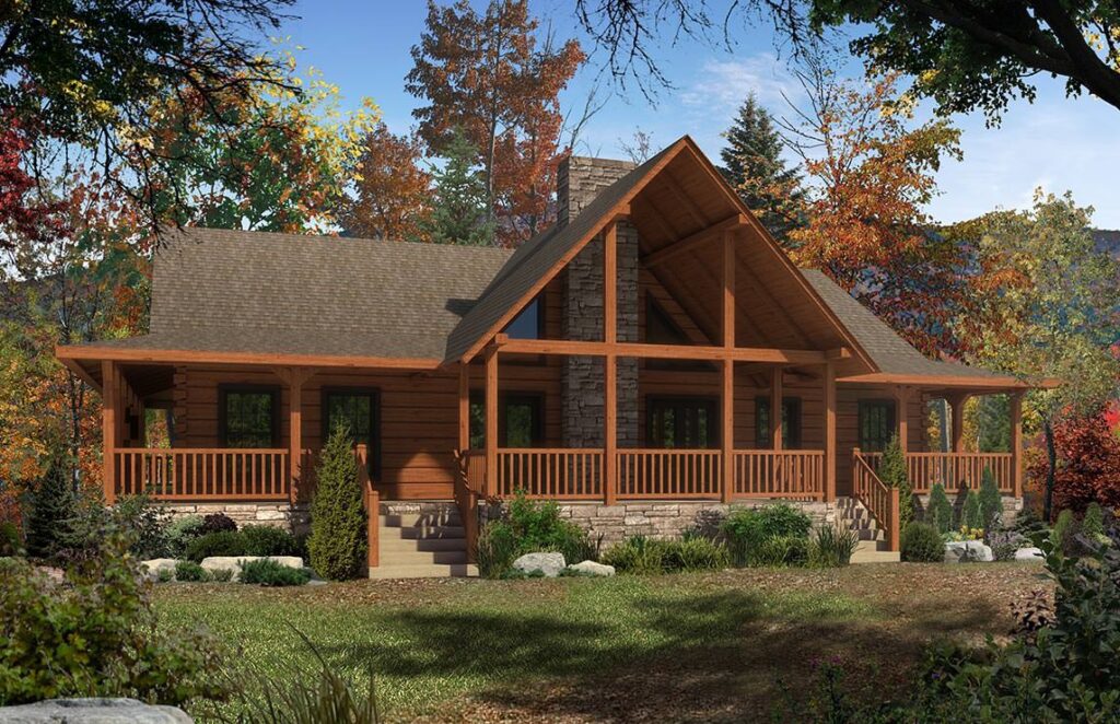 The image showcases one of our premium log homes nestled amidst colorful autumn foliage.