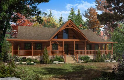 The image presents a visually appealing 3D render of a bespoke log home nestled in the tranquility of dense woodland.