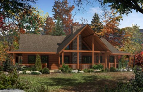 The image showcases our beautifully constructed log home surrounded by vibrant autumn foliage.