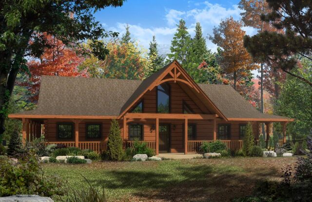 The image displays a detailed architectural rendering of our luxurious and spacious log home plans.
