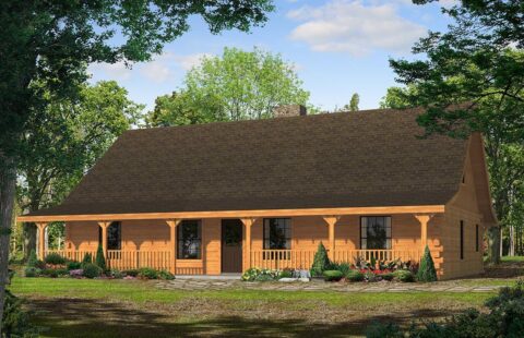 The image shows a high-quality rendering of a robust, rustic log cabin home that our company designs and manufactures.
