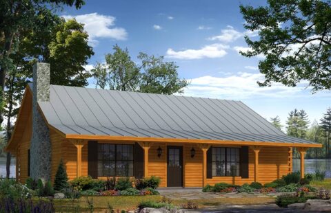 The image showcases a beautifully designed, computer-generated model of a log cabin which reflects the quality and craftsmanship of our company's log home plans.