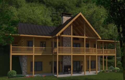The image showcases a beautifully designed, high-quality log home produced by our company.