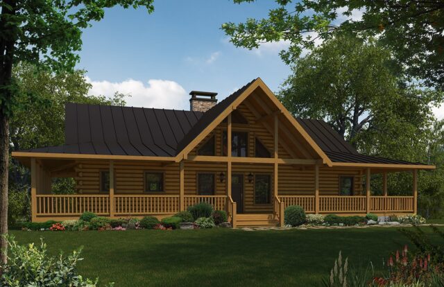 The image showcases a beautifully designed 3D rendering of our high-quality log home.