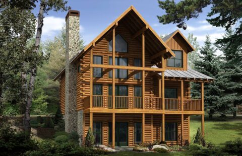 The image showcases a digital illustration of a beautifully designed log home our company manufactures.