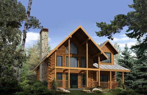 The image showcases a beautifully designed, intricate rendering of one our superior quality log homes.