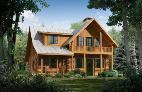 The image depicts a digital rendering of our beautifully designed log home plans.