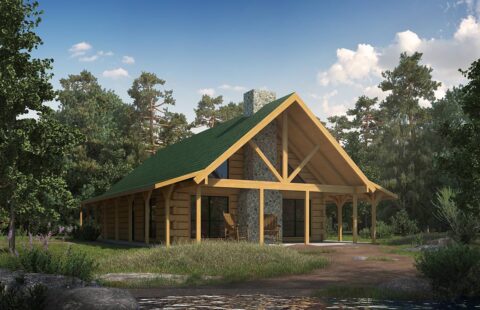 The image displays a beautifully crafted log home nestled amidst verdant woodland surroundings.