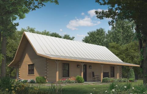The image showcases a beautifully rendered log cabin boasting a durable, modern metal roof from our collection.