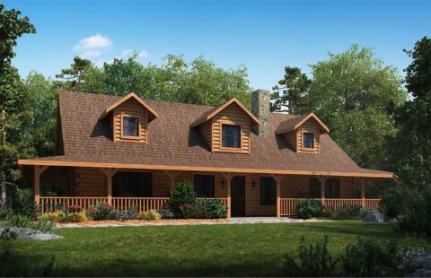 The image depicts a beautifully designed 3D rendering of a spacious and luxurious log home we manufacture.
