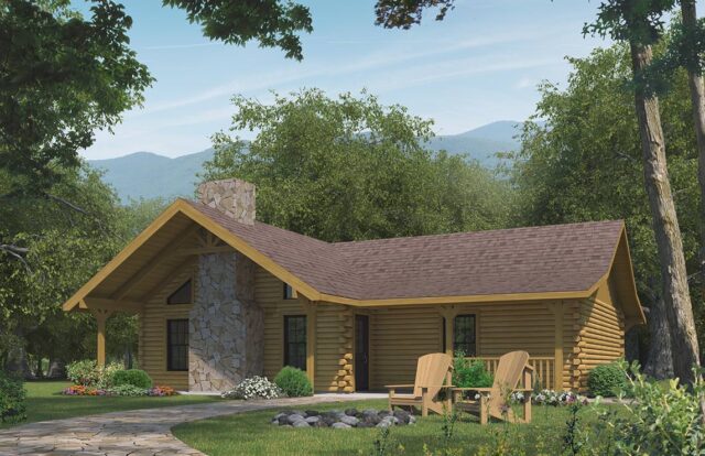 The image showcases a visually stunning 3D rendering of our log cabin plans exuding rustic charm and craftsmanship.