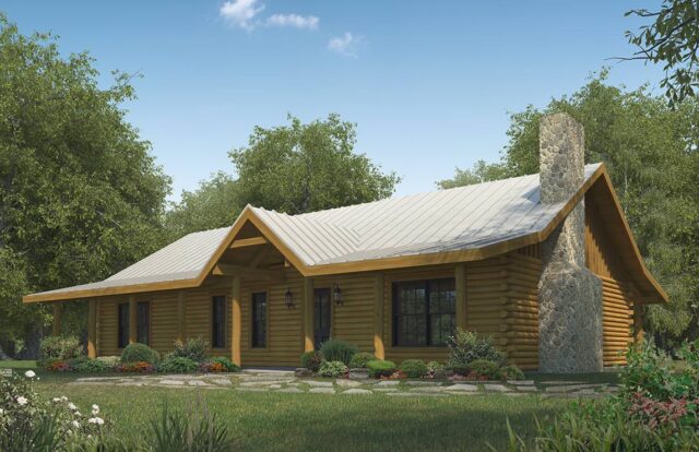 The image presents an artist's rendering of our meticulously designed log home plans, featuring a rustic yet luxurious structure surrounded by nature.