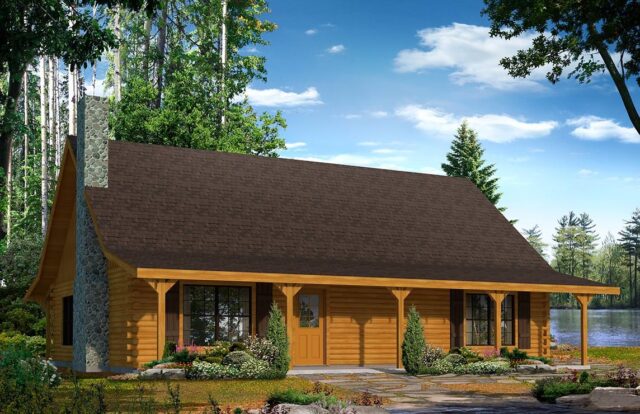 The image displays a detailed rendering of our meticulously designed log home plans.