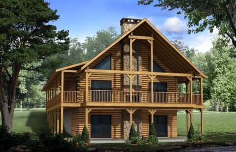 The image showcases a high-quality rendering of our meticulously designed log home plans featuring a spacious, multi-tiered log home with large windows and a beautiful porch.