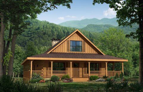 The image features a beautifully designed log cabin nestled amidst lush green woods.