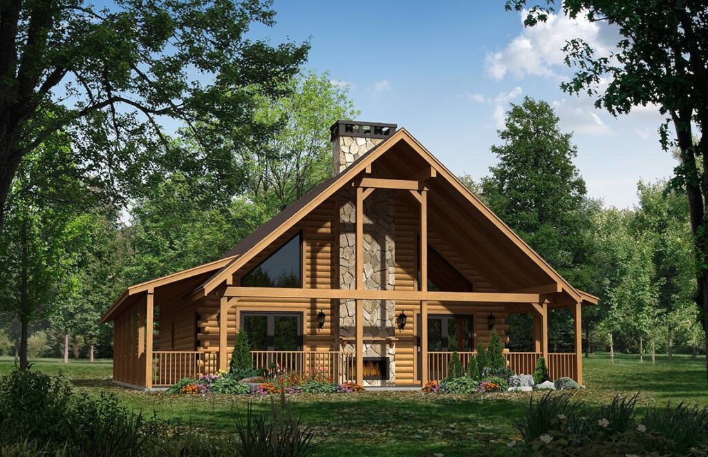 The image showcases a digitally rendered design of a beautifully crafted log cabin produced by our company.