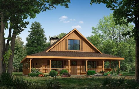 The image displays an appealing architectural design of a rustic log home that our company meticulously plans and manufactures.