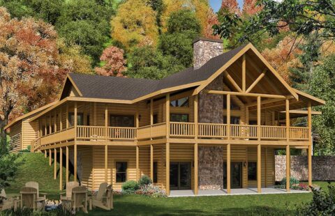 The image showcases a stunning 3D rendering of one of our beautifully designed log homes.