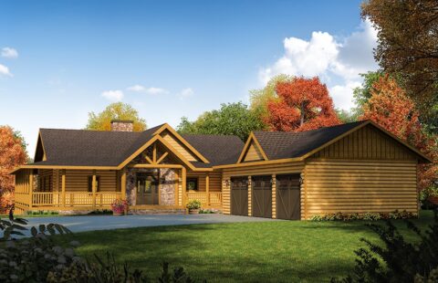 The image showcases a detailed architectural rendering of our beautifully designed and meticulously crafted log home plans.