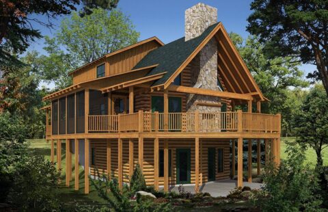 The image portrays a 3D blueprint of our elegantly designed log home model.