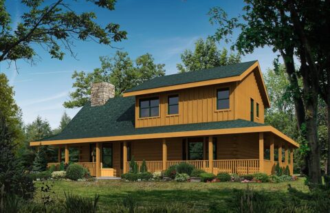 The image showcases a detailed architectural rendering of our log home plans, featuring the rustic charm and sturdy craftsmanship characteristic to our designs.