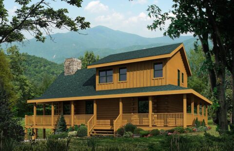 The image showcases the stunning front view of our beautifully crafted log home, intricately designed for luxury and comfort.