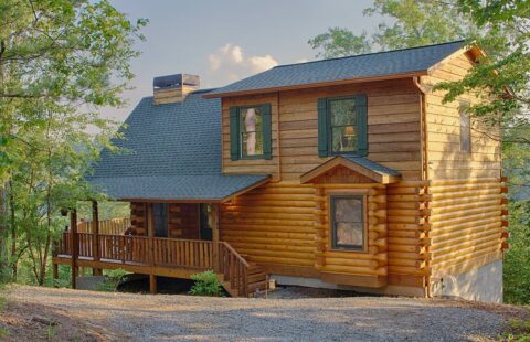 Our company constructs beautifully crafted log cabins nestled atop serene hills.