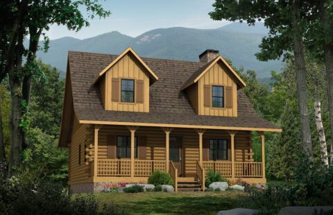 The image displays a detailed 3D rendering of our meticulously crafted log home plans, showcasing the rustic elegance and superior construction quality we provide.