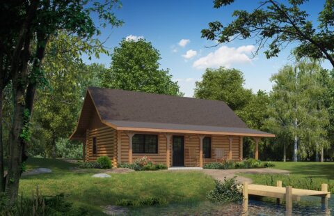 The image showcases a beautifully crafted log cabin with an adjoining dock, highlighting our company's expert craftsmanship in log home construction.