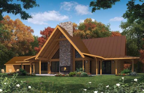 The image depicts a digital rendering of our meticulously designed log home plans, showcasing a robust structure with rustic charm and luxurious amenities.