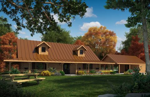 The image showcases a beautifully designed 3D rendering of our premium log home plans, exhibiting intricate architectural details and luxurious aesthetics.