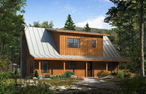 Our company showcases a visually stunning rendering of a log cabin nestled beautifully within the serenity of a lush forest.
