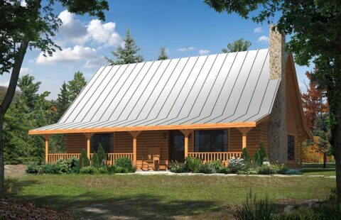 The image showcases a beautifully designed digital rendering of our premium log home plans.