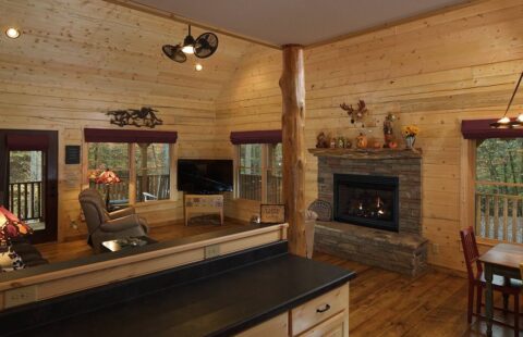 The image showcases a cozy living room within one of our beautifully designed log cabins, featuring a warm fireplace.