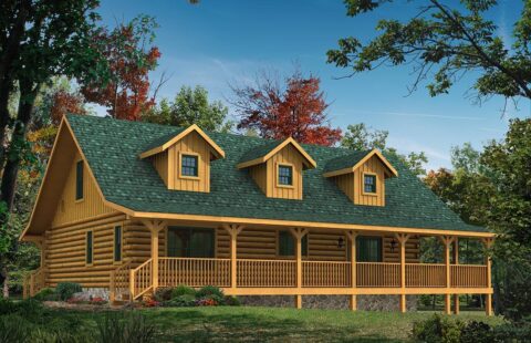 The image showcases a beautifully crafted log home adorned with an eco-friendly green roof.