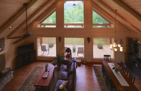 The image showcases a cozy, rustic living room nestled within one of our high-quality log cabins.