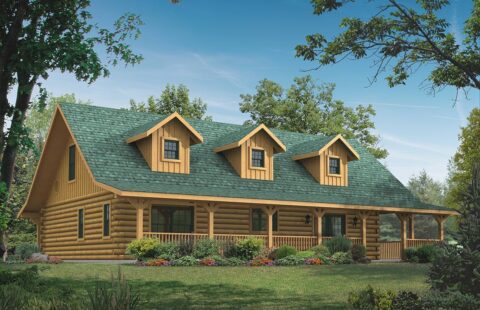 The image displays a beautifully constructed log home adorned with an environmentally-friendly, lush green roof.