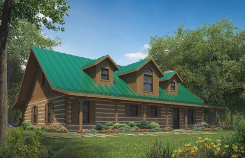 The image depicts a beautifully designed rendering of a log home produced by our company.