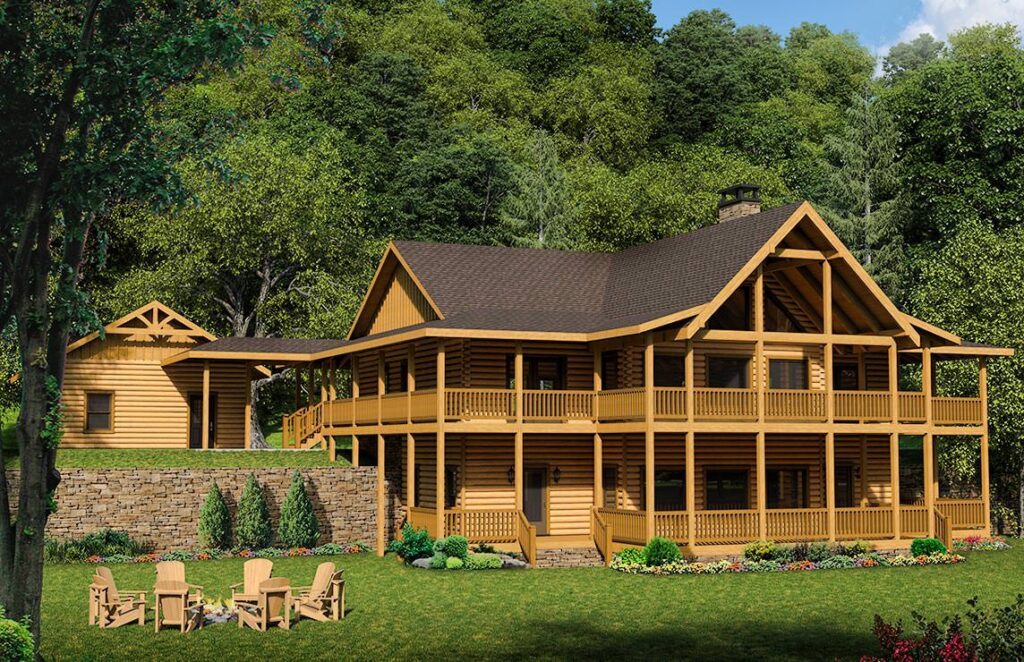 The image displays a computer-generated illustration of a beautifully designed log home produced by our company.