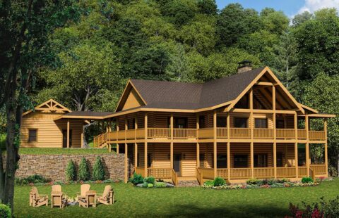 The image displays a computer-generated illustration of a beautifully designed log home produced by our company.