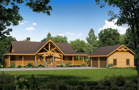 The image displays a detailed computer rendering of our meticulously designed log home plans.