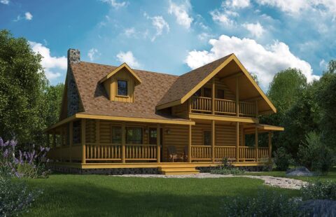 The image displays an artist's depiction of a beautifully designed log home complete with a welcoming porch.