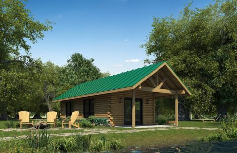 The image showcases an artistically rendered log cabin which features a vibrantly green roof.