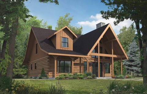 The image displays an artistically rendered, high-quality log cabin that showcases our company's superior craftsmanship and attention to detail in home manufacturing.