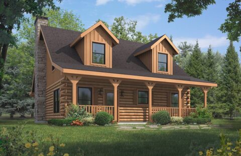 The image showcases a detailed computer rendering of our log home plans, highlighting the robust construction and natural aesthetics.